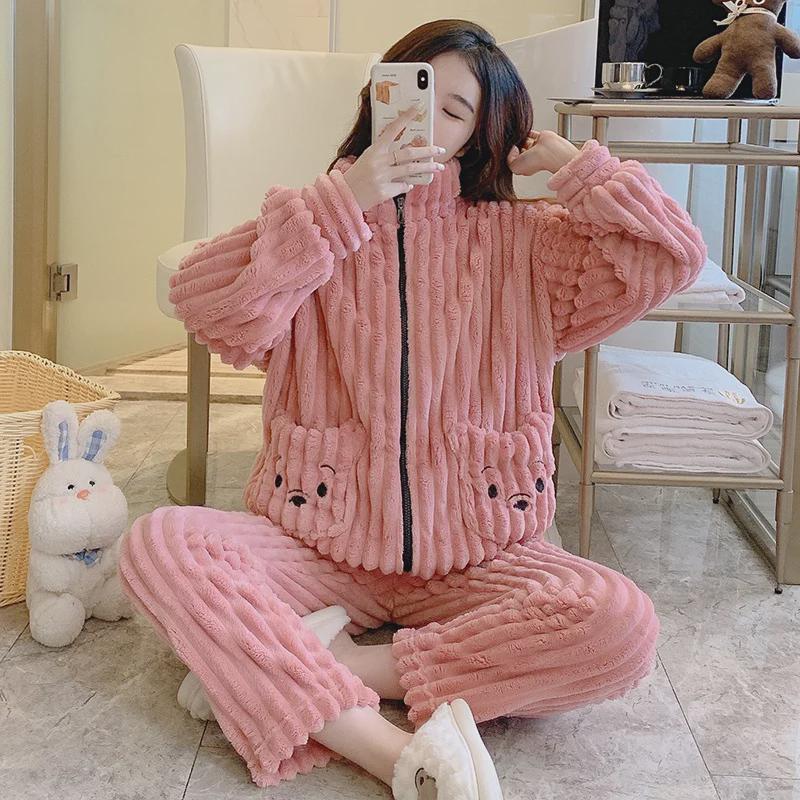 Женская зимняя пижама больших размеров из кораллового и жаккардового бархата - Милая и уютная домашняя одежда (До 200 фунтов)