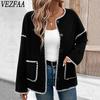 VEZFAA Women's Fashion Casual Solid Color Print Autumn Winter Long Sleeve O-Neck Jackets & Coats