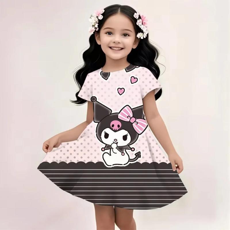 Sanrio Hello Kitty и Друзья 2026 Лето Для Детей 3-14 Лет Девочки Дышащее Имитация Хлопка Короткие Рукава Платье