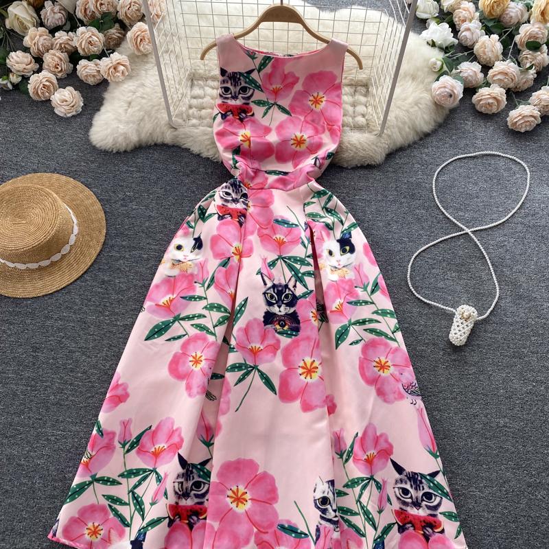 Женское платье-майка с цветочным принтом, элегантное модное летнее платье трапециевидной формы с круглым вырезом без рукавов и высокой талией, вечернее платье-майка для взлетно-посадочной полосы