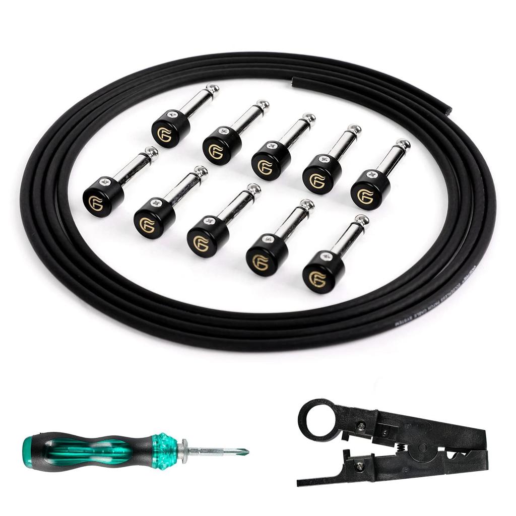 GHOSTFIRE Solderless Patch Cable Kit with 10 Silver Plugs (Straight-Type Only) and 3m Shielded Cable, DIY Pedalboard Guitar Effects Kit (SP-01)