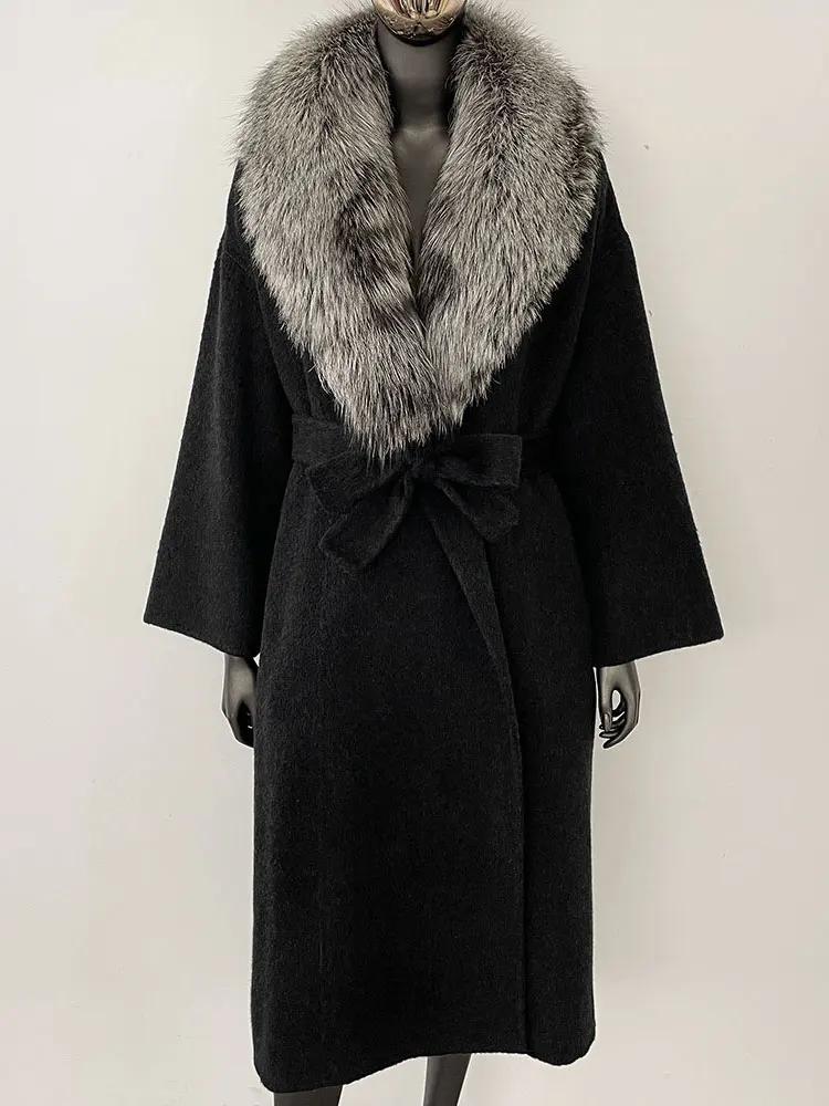 OFTBUY Натуральная шуба 2024 года, женская верхняя одежда больших размеров, зимняя женская куртка с воротником из натурального меха лисы и капюшоном, пальто из кашемировой шерсти