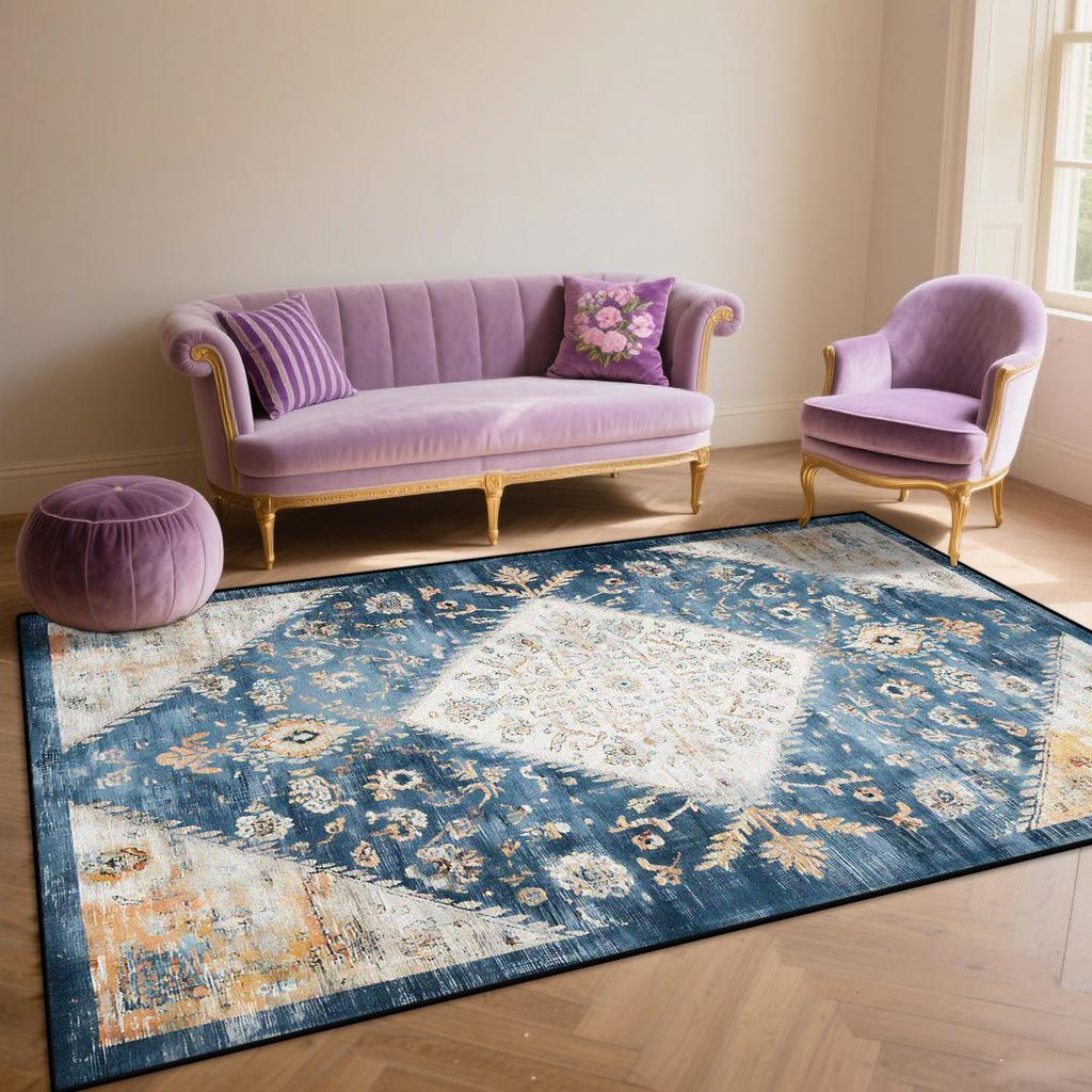 Persian Blue Living Room Rugs Flannel Decoration Bedroom Anti Slip Floor Mats Customizable Lounge Carpet Washable Gaming Room