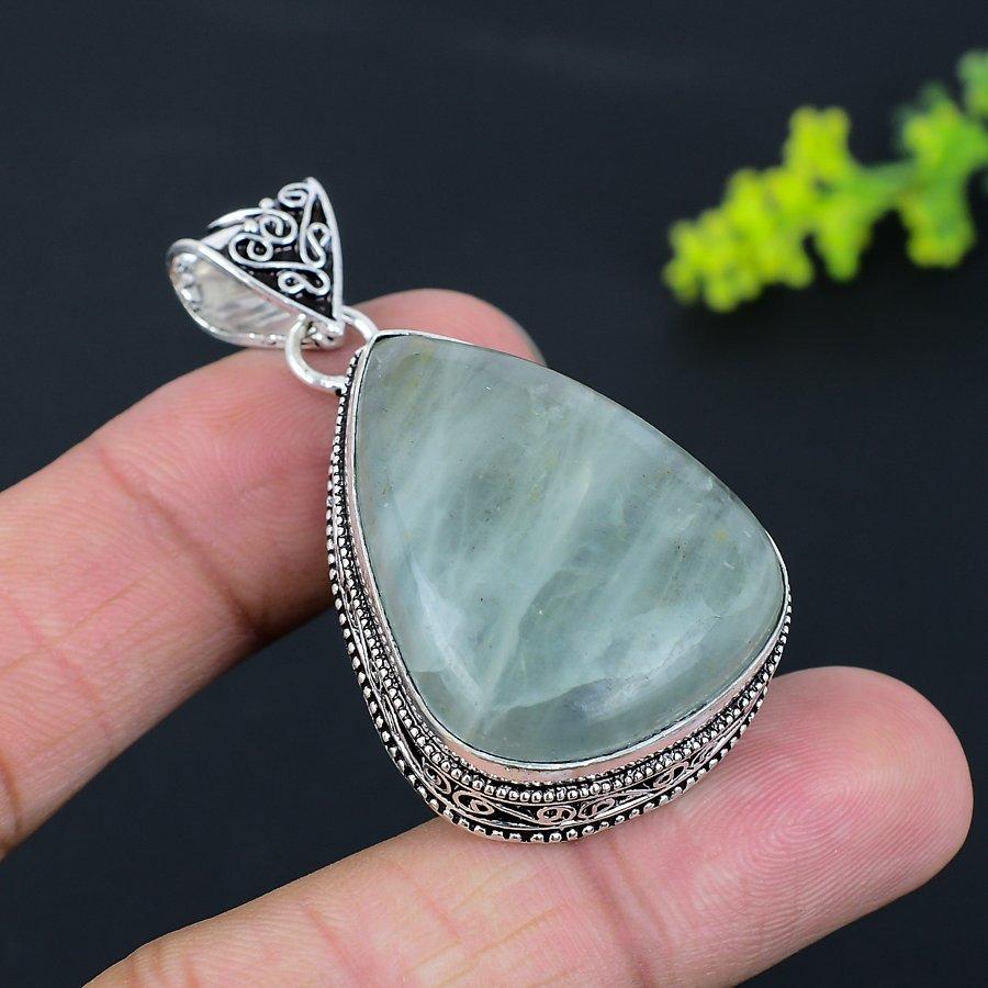 Natural Aquamarine Gemstone Handmade 925 Sterling Silver Pendant 2.05" a4F44