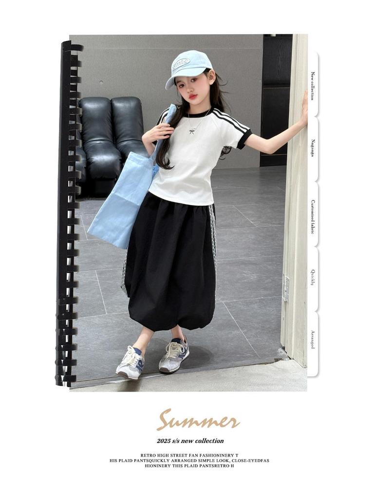 Girls' Summer 2025 Fashion Set: Stylish Short-Sleeve Top with Trendy Seven-Point Tulip Skirt