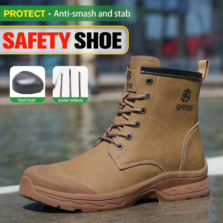 Модные высокие ботинки Рабочие ботинки Неразрушаемая обувь со стальным носком Водонепроницаемые защитные ботинки Прокалываемые антиожоговые мужские кожаные ботинки