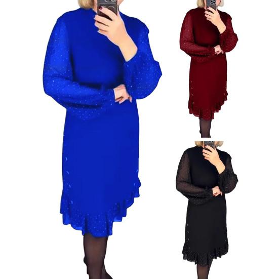 Женское платье миди с длинными сетчатыми рукавами-фонариками и оборками в горошек, свободный однотонный цвет, длиной до колена, с круглым вырезом, для женщин среднего возраста, для поездок на работу и за покупками