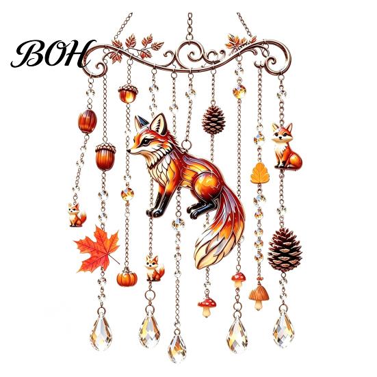 Outdoor Patio Wind Spinners Fall Animal Chime Suncatcher, Stained Acrylic Fox Rabbit Hanging Suncatcher Unique Garden Art Gifts with Prism Drops,