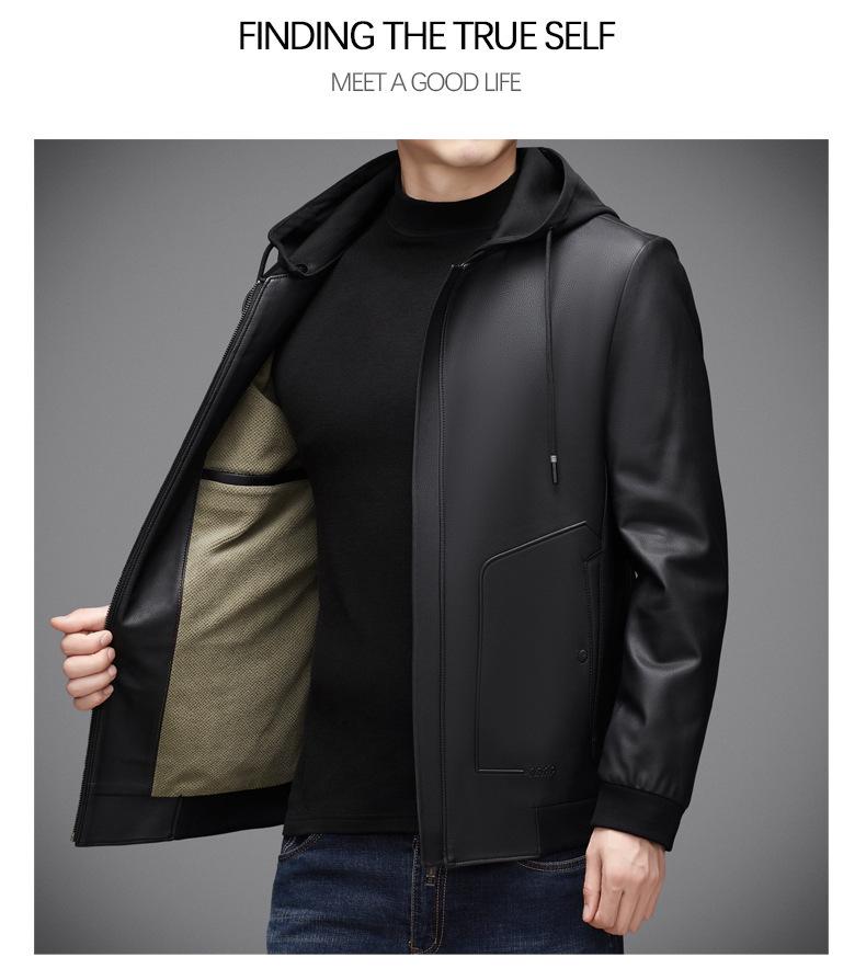Универсальная мужская кожаная куртка с капюшоном - С подкладкой из бархата, Утолщенная овчина, Теплая повседневная верхняя одежда в стиле "папа" для всех возрастов