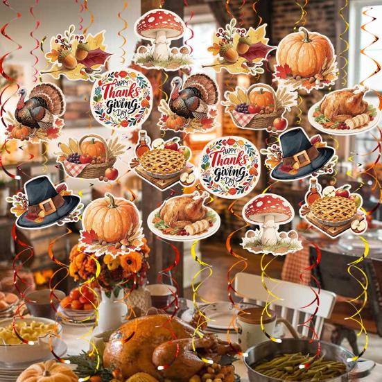 Thanksgiving Hanging Swirls Decorations Turkey Pumpkin Maple Leaves Cutouts Ceiling Streamers for Autumn Party Supplies Holiday Home Decor