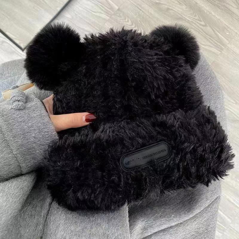Милая вязаная шапка с ушками медведя, детская, осень и зима, новая, мягкая, вощеная, плюшевая, большая окружность головы, теплая, шерстяная шапка с мешком на голову