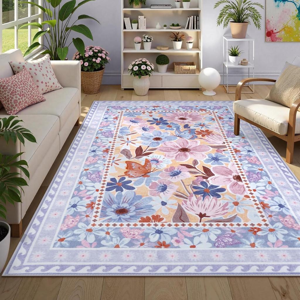 Vintage Purple Living Room Carpet Large Area Floral Print Bedroom Rug Machine Washable Fashion Decorative Coffee Table Mat Tapis
