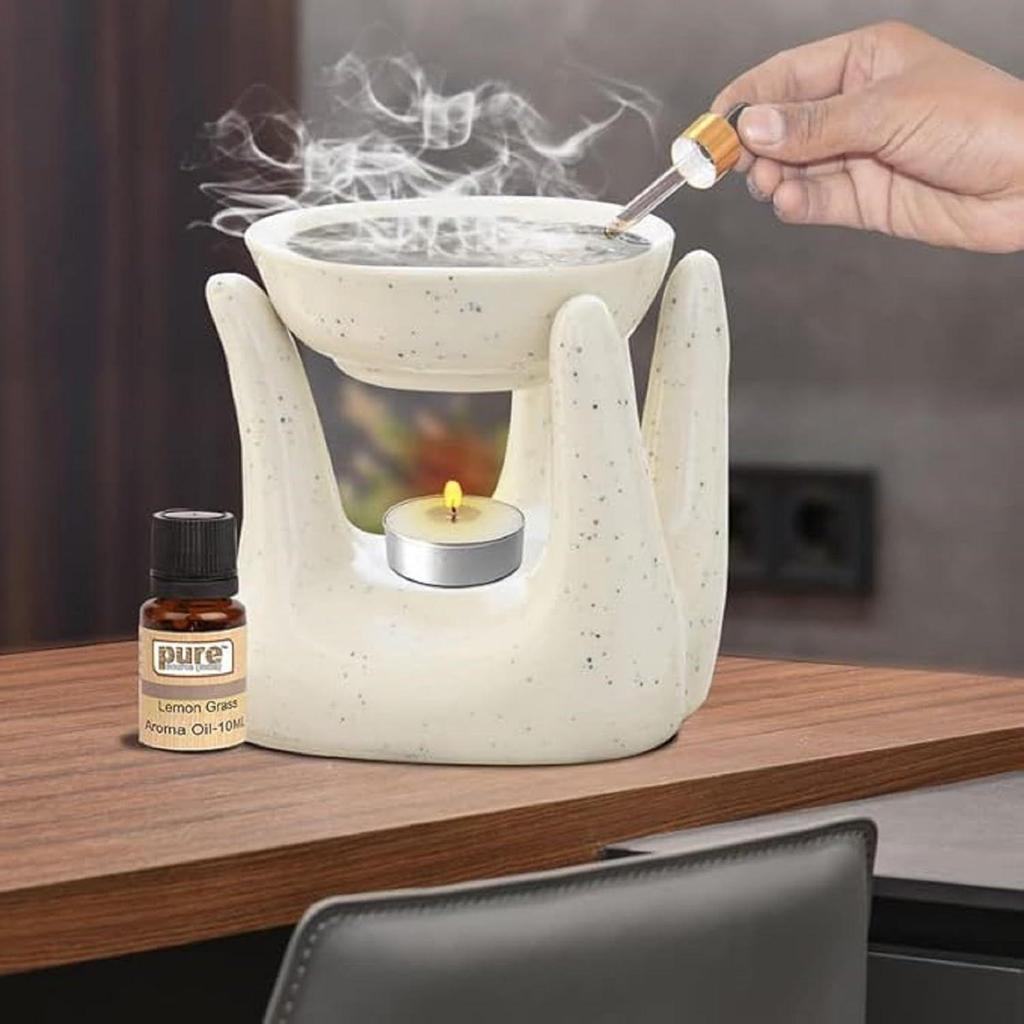 Ceramic Hand Type Oil Burner Diffuser for Home, Office, with 1 Tea Light Candle, Made by Porcelain New