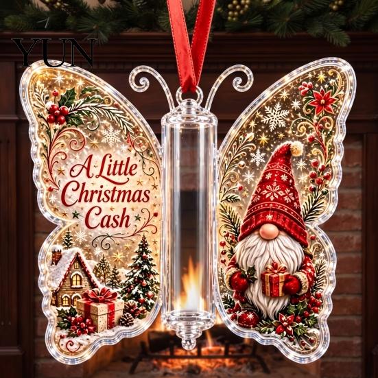 Acrylic Cash Display Christmas Gift Ornament, Butterfly Money Holder with Built?in Holiday Party Supplies Clear Compartment, Hanging Ornament