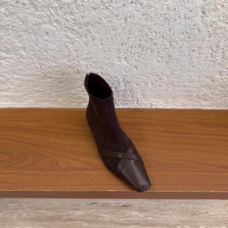 Модные ботильоны на низком каблуке, осенние новинки, квадратный носок, вставки из фланели, молния сзади, мягкая подошва, противоскользящие, износостойкие, одинарные ботинки