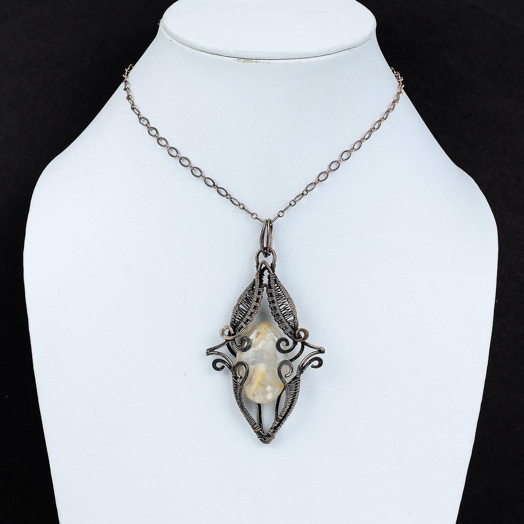 Подвеска из агата с перьями, обернутая медной проволокой, стильная подвеска, обертка из проволоки, украшение из драгоценного камня, дизайнерская подвеска ручной работы, медные украшения в подарок