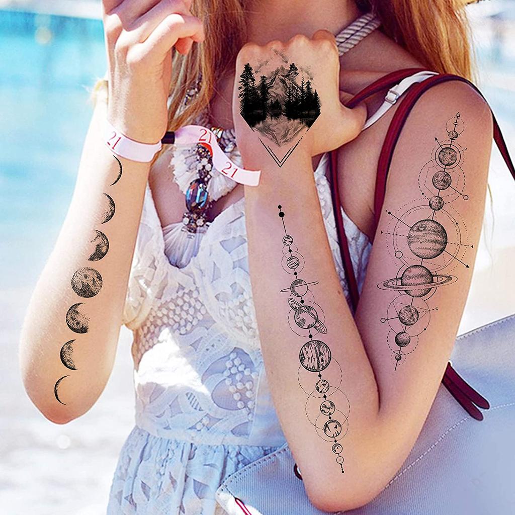 6 Sheets Black Space Temporary Tattoos For Adults Geometric Planets Fake Tattoo Universe Astronaut Galaxy Tatoos For Women Men