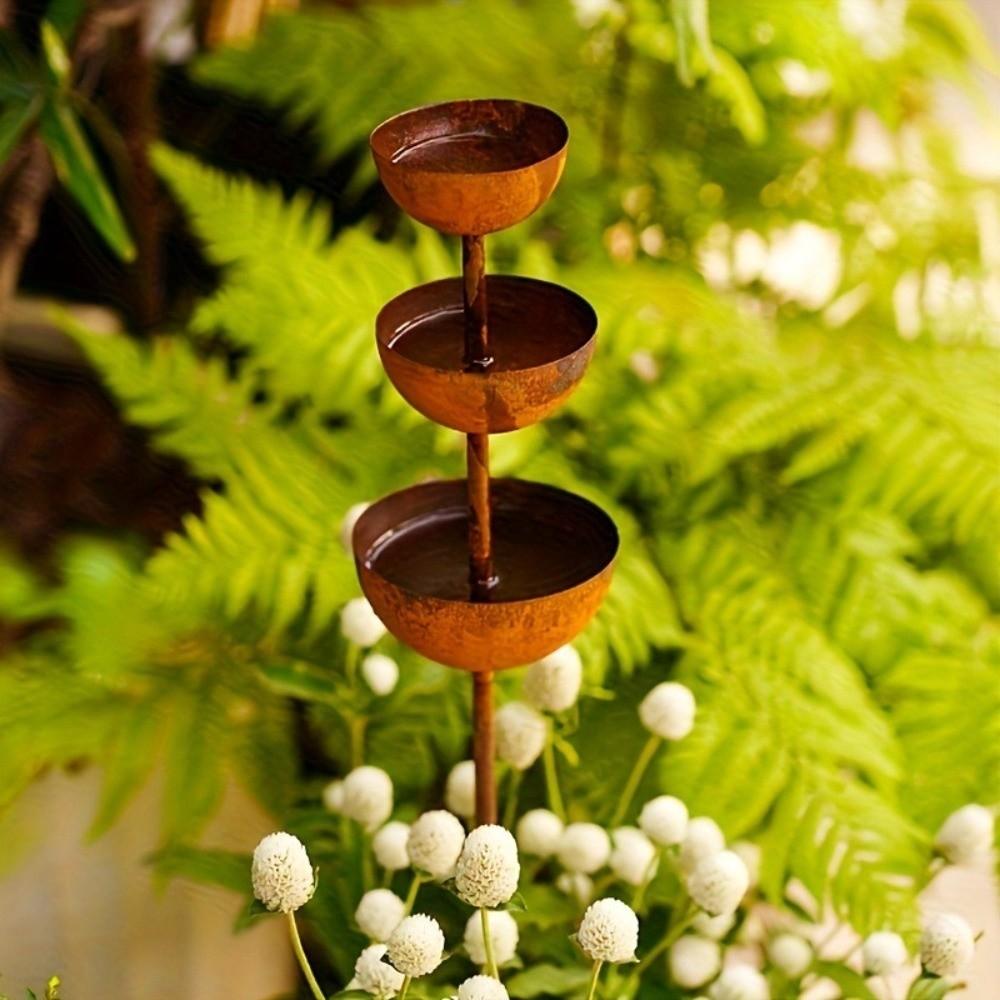 Plant Support Bird Water Feeder Rainwater Collector Metal Garden Stake Yard Ornament Outdoor