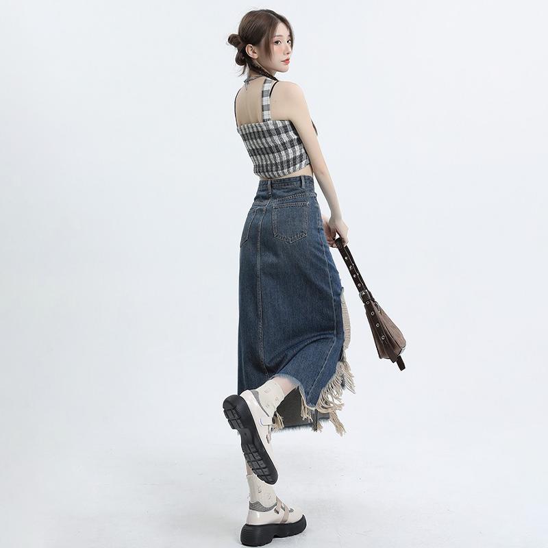 Irregular Retro Denim Midi Skirt Women Summer High Waist Slim Split A-line Skirt Female Streetwear Casual Vintage Y2K Blue