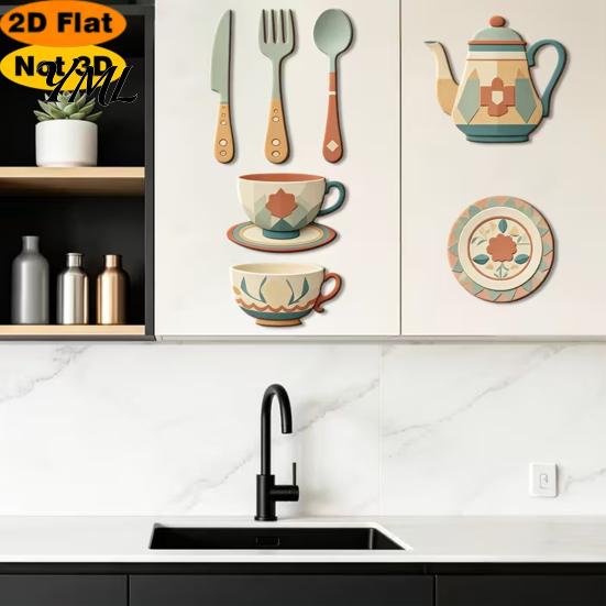 Modern Kitchen Wall Murals 7Pcs 2D Flat Wooden Decor, Retro Teapot Tableware Themed Removable Art for Dining Room Art, Self?Adhesive Plaques