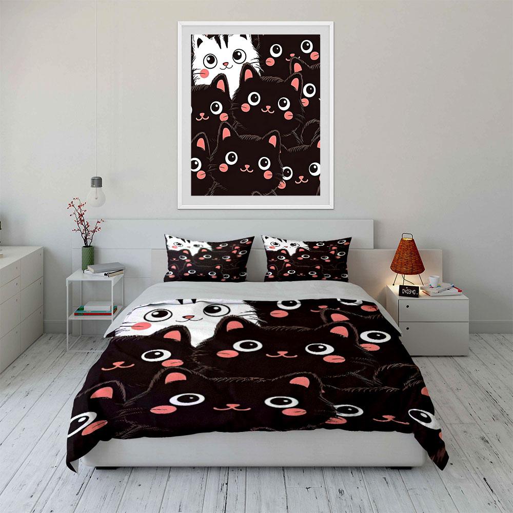 Cute Black and White Cat Design Bedding Duvet Cover Set Duvet Cover Pillowcases (1 * Duvet Cover 2 * Pillowcases, without duvet insert)