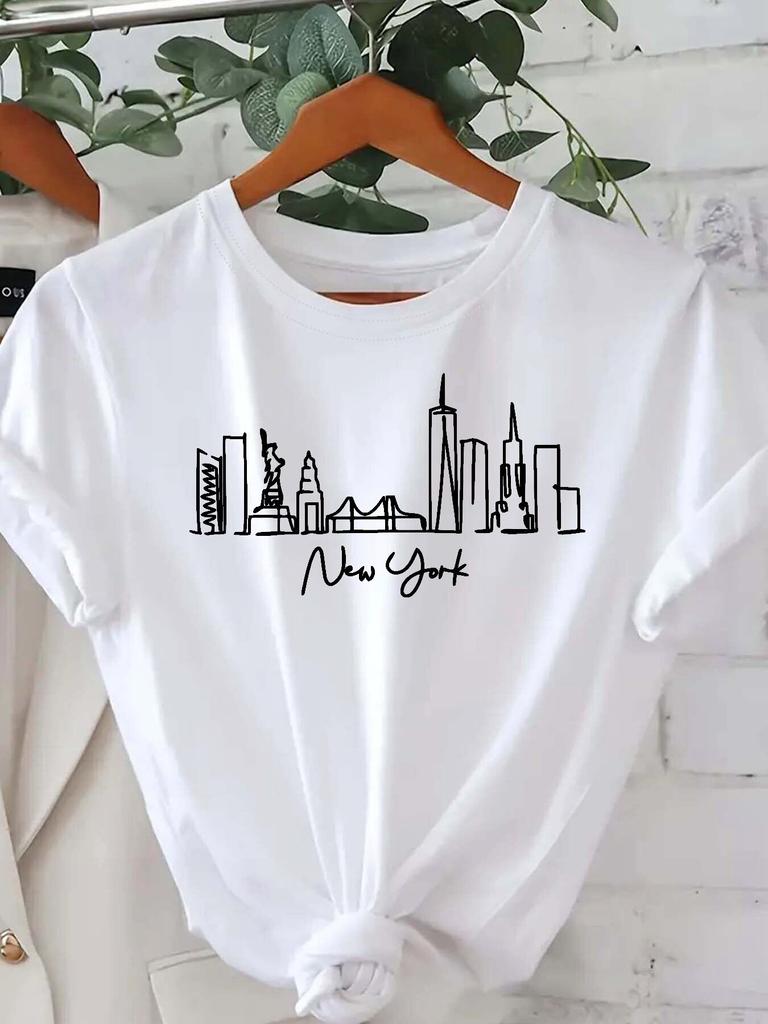 New York City Line Pattern Printed Summer Women's T-shirt Top Short Sleeve Round Neck Casual Women's Tshirt Clothing