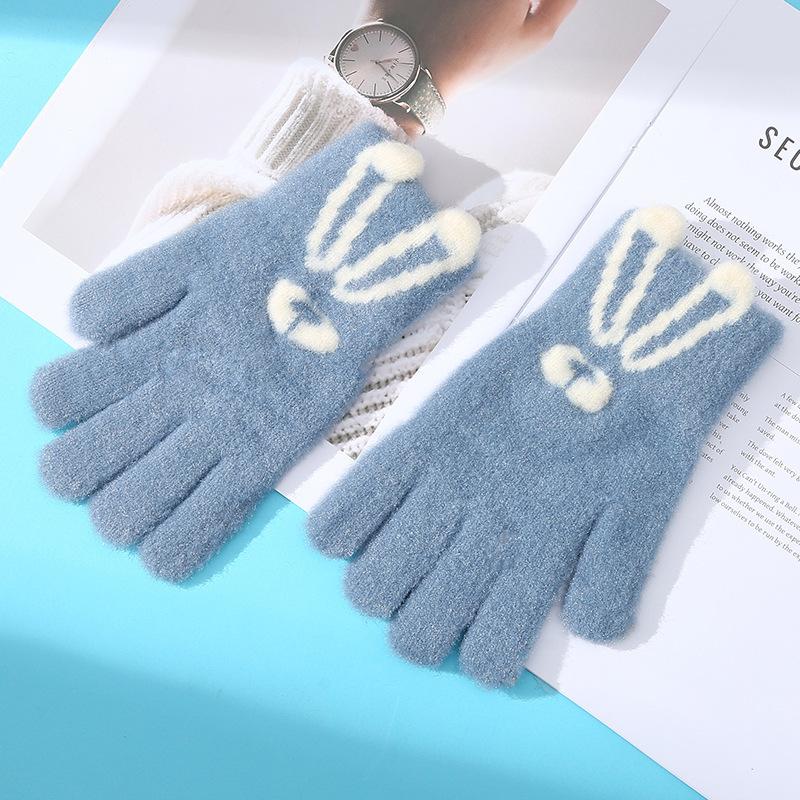 Перчатки для женщин на зиму, вязаные, с милым мультяшным кроликом, утолщенные, теплые, шерстяные, с сенсорным экраном, для студентов, для письма и езды, для защиты от холодных волн