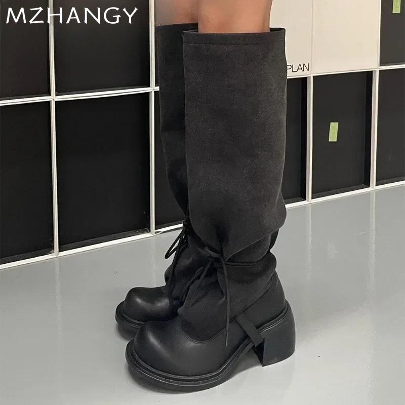 Женские ковбойские высокие сапоги на высоком каблуке, дизайнерские массивные туфли, женские зимние сапоги 2025 года, туфли-лодочки-гладиаторы, новые женские зимние длинные ботинки