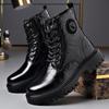 Men's Trendy Wool-Lined Cowhide High-Top Martin Boots with Side Zipper - Casual and Warm.