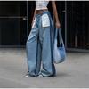 Women's Patchwork Jeans High Waist Straight Leg Long Trousers Anti-Wear Design Light Blue Washed Out Summer Pants