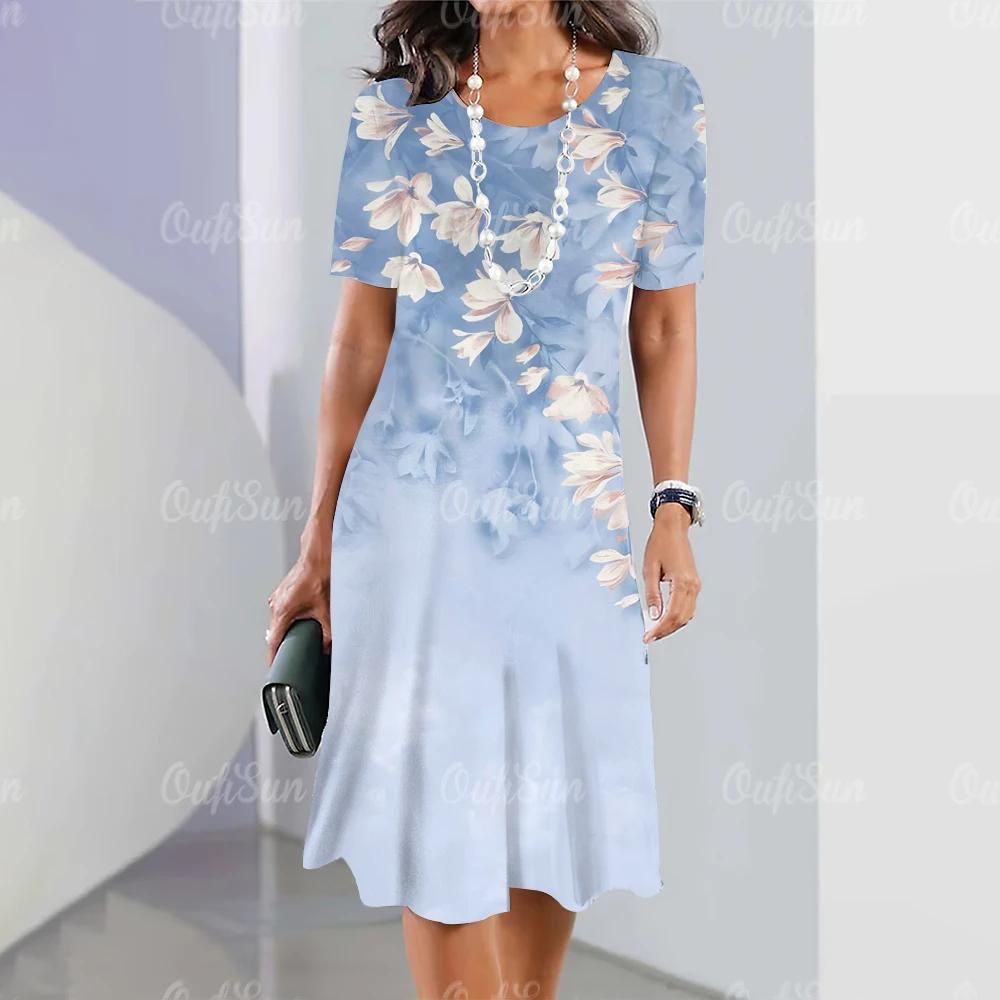 Классическая женская одежда Платья Летние красные наряды Простая женская одежда Цветочный принт Платье Свободная юбка-трапеция с круглым вырезом