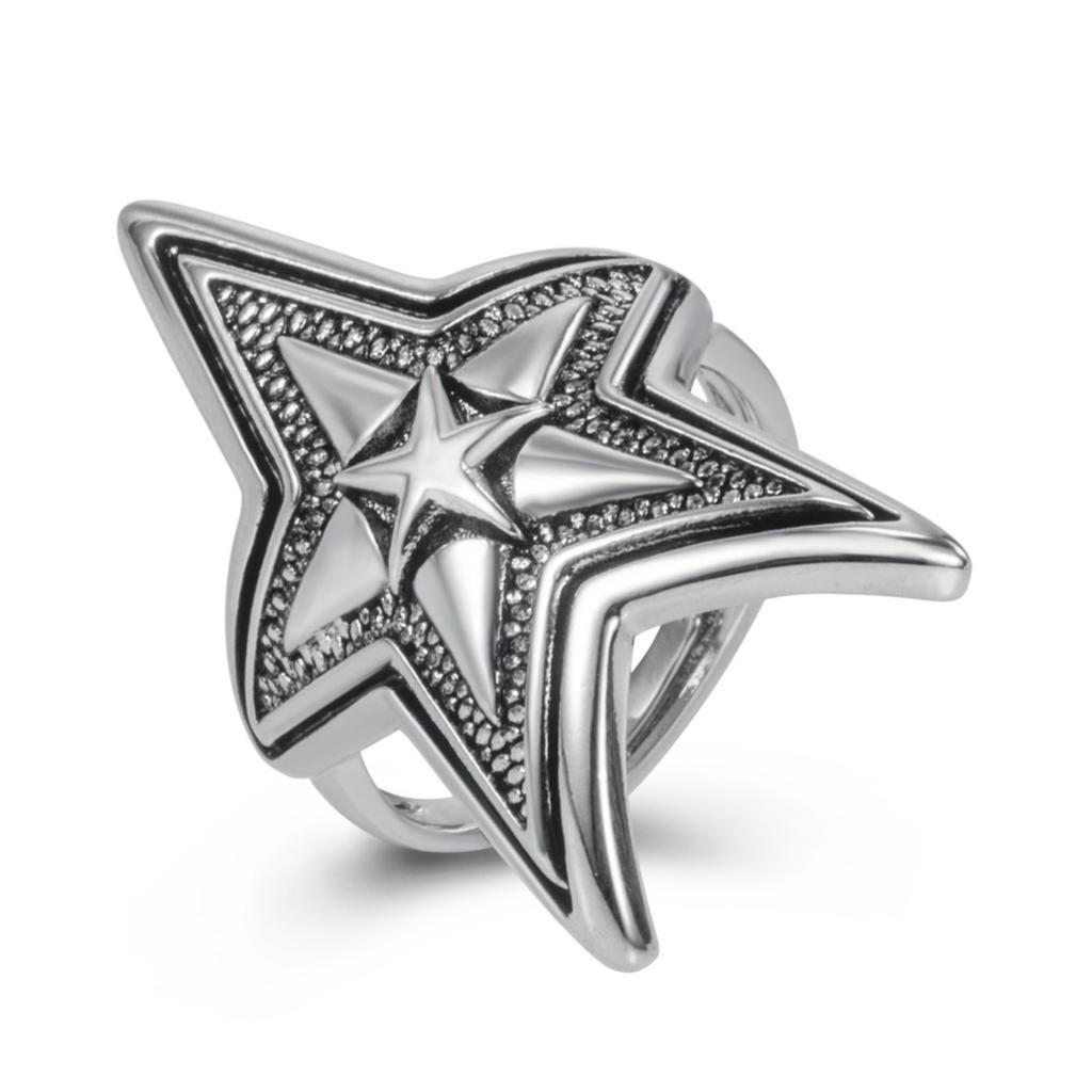 S925 Silver Ring Thai Silver Black Double Layer Overlapping Five-pointed Star Open Ring Punk Retro Men's Trendy Star Rock Ring