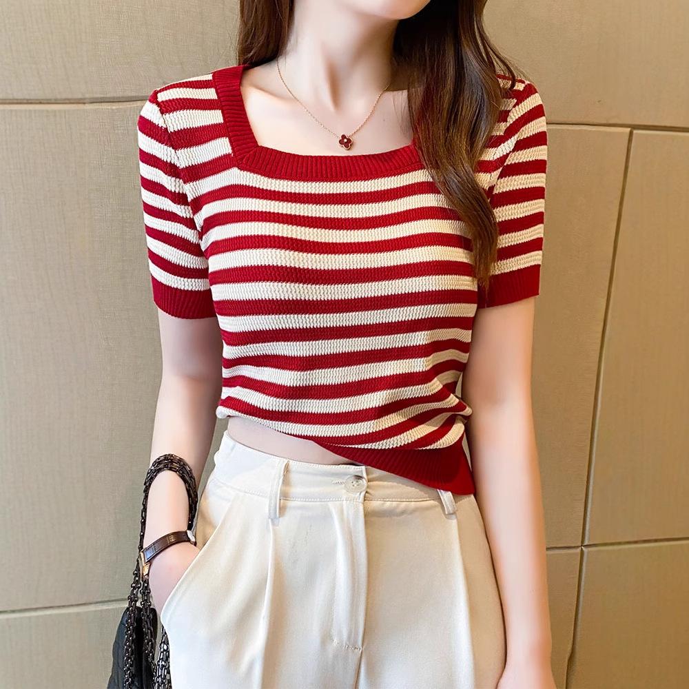 2025 Summer Women's Slim Fit Short Sleeve Striped Ice Silk Knit Top with Square Neck