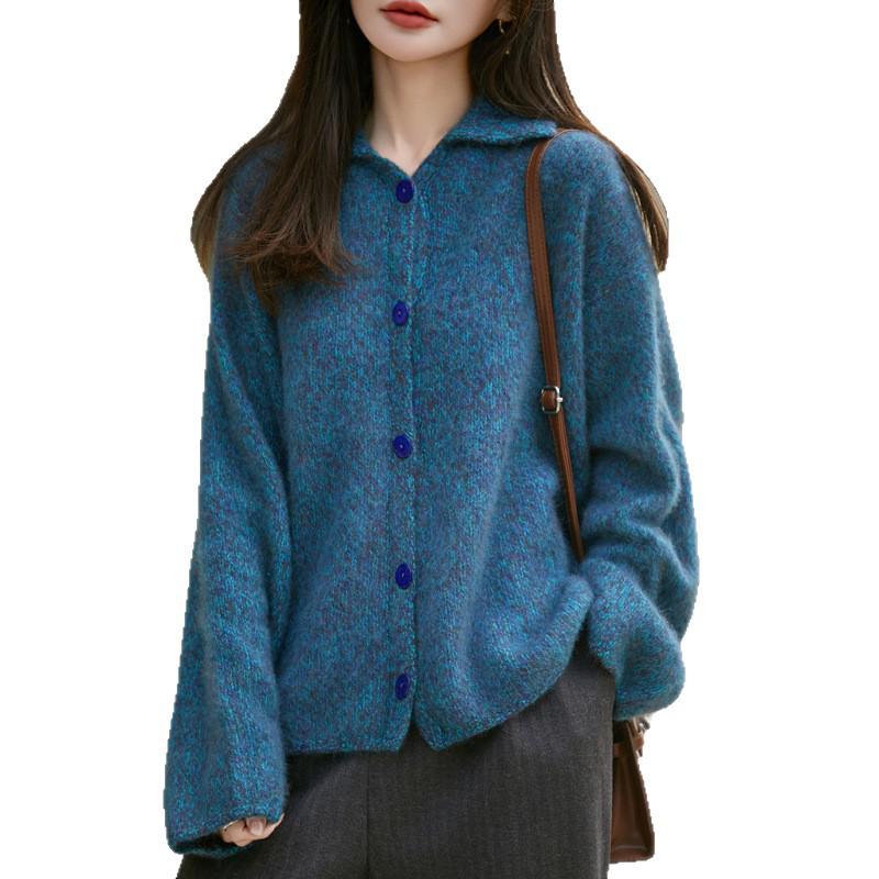 Women's Heather Yarn Polo Collar Cashmere Wool Blend Cardigan - Thick, Long Pile, Plush, Warm, Perfect for Autumn and Winter