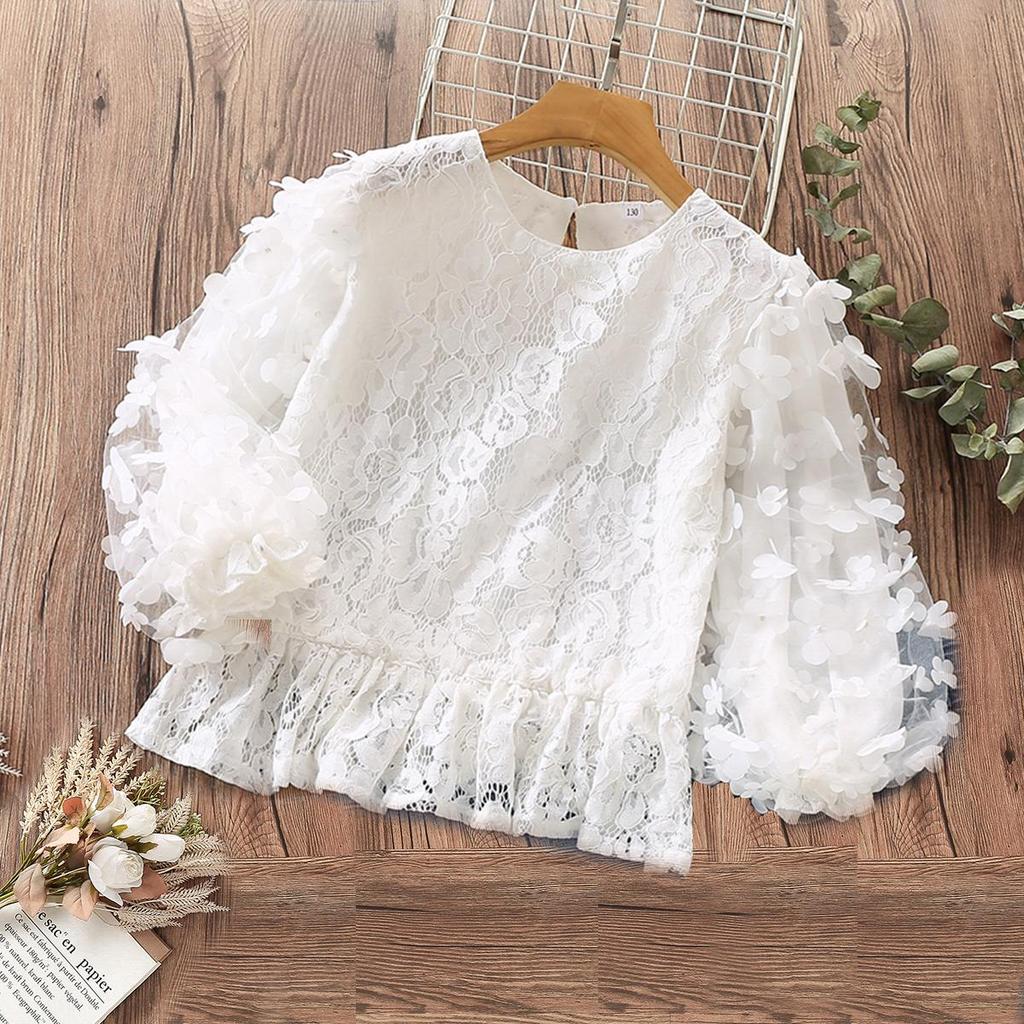 Рубашки для девочек-подростков, детская одежда, белые кружевные блузки для девочек, весенняя милая детская одежда, топы