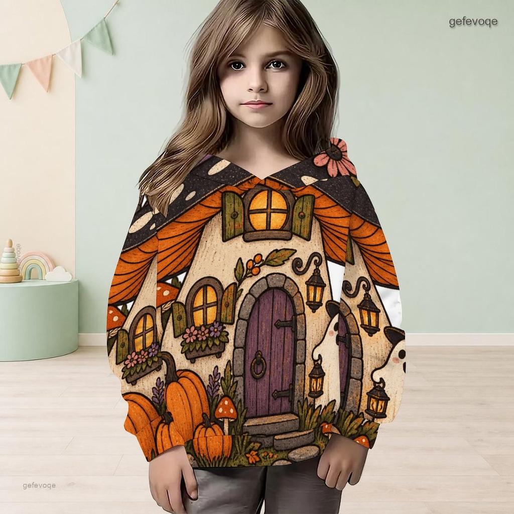 Girls Long Sleeve Hoodie Halloween Skeleton Cowboy Boots Pumpkin Floral Printed Pullover