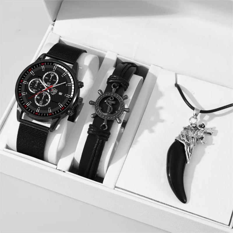 3pcs/set 1pc Fashion Men's Calendar Business Quartz Watch with Stainless Steel Mesh Band & 1pc Bracelet & 1pc Necklace