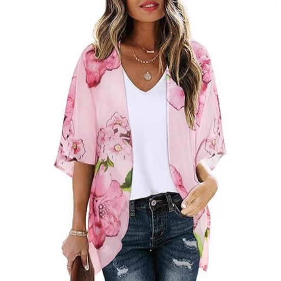 Women Beach Shirt 45720 Sleeve Mid-length Sunscreen Tops Floral Print Breathable Loose Fit Beach Shawl