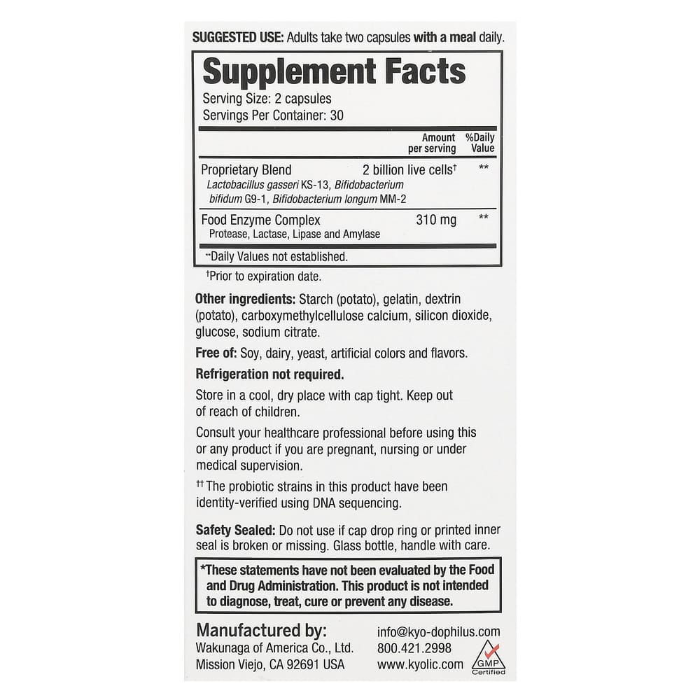 Kyolic Kyo-Dophilus Enzyme + Probiotic Capsules, 60 Count