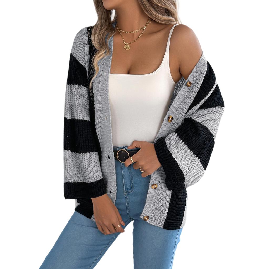 Women's Contrast Striped Flared Sleeve Cardigan Long Sleeve Sweater