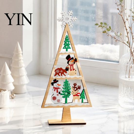 Desktop Christmas Ornament Wooden Tabletop Tree Decor, Hollow Xmas Ornament, Farmhouse Winter Holiday Accents Centerpiece for Party Home Decoration,