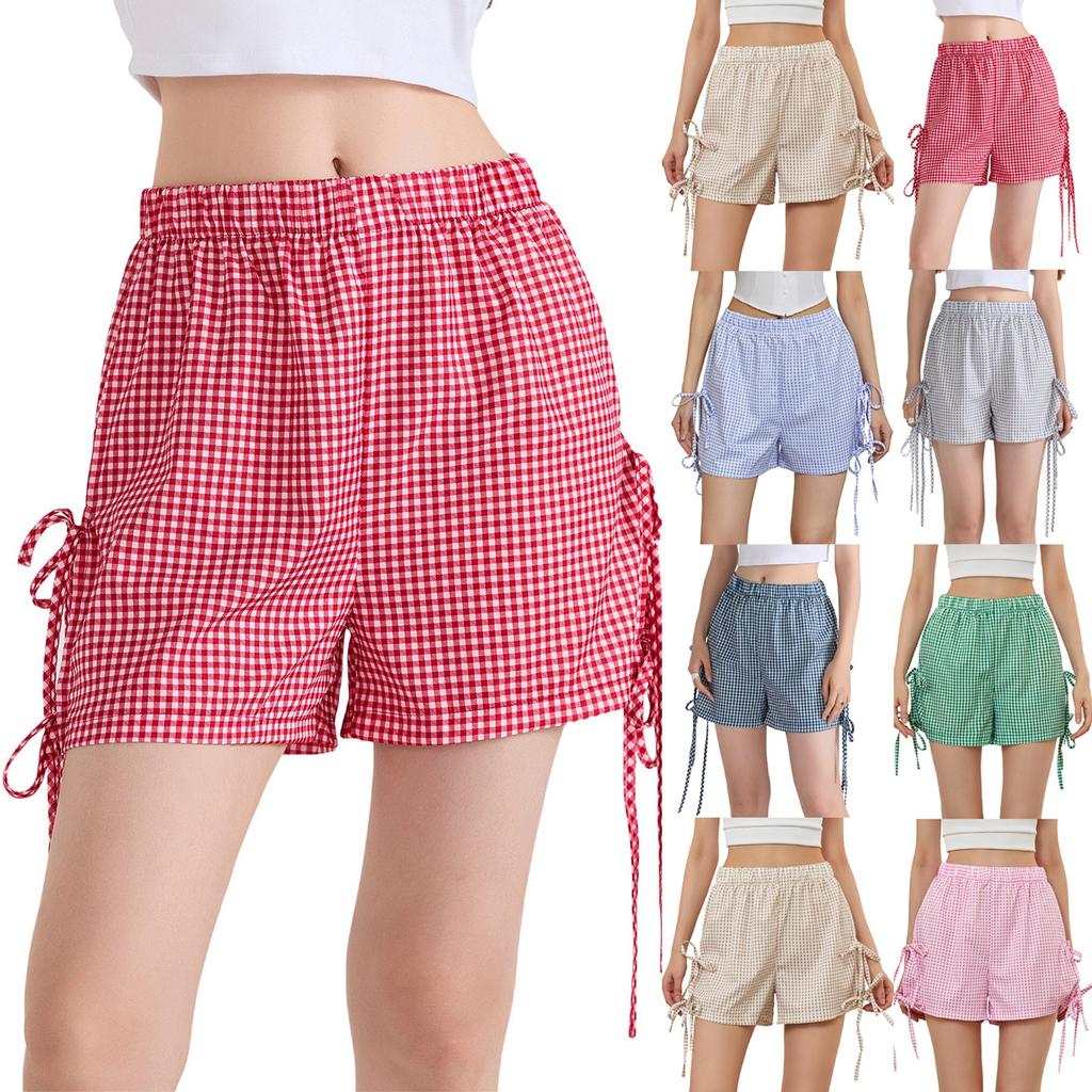 Women's Loose Casual High Waisted Bow Elastic Waisted Checkered Shorts Casual Shortss