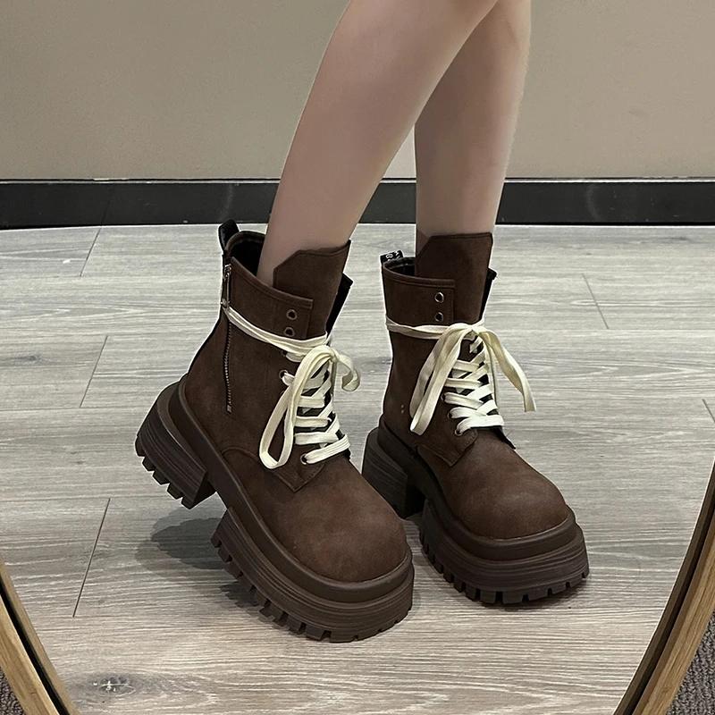 Модная женская обувь 2024 года, высококачественные женские ботинки со шнуровкой спереди, модные ботинки с круглым носком для офиса и карьеры, лидер продаж, ботинки до середины икры на молнии