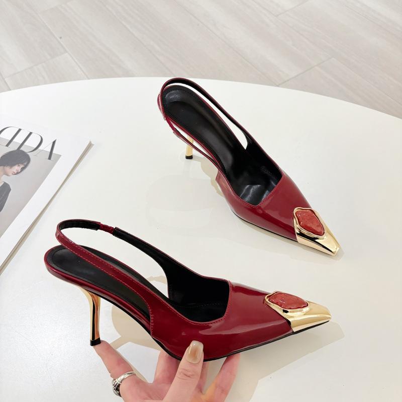 Fashion Metal Jewelry Decorated High Heels Women Sexy Pointed Toe Patent Leather Slingback Heeled Sandals Elegant Party Wedding Shoes