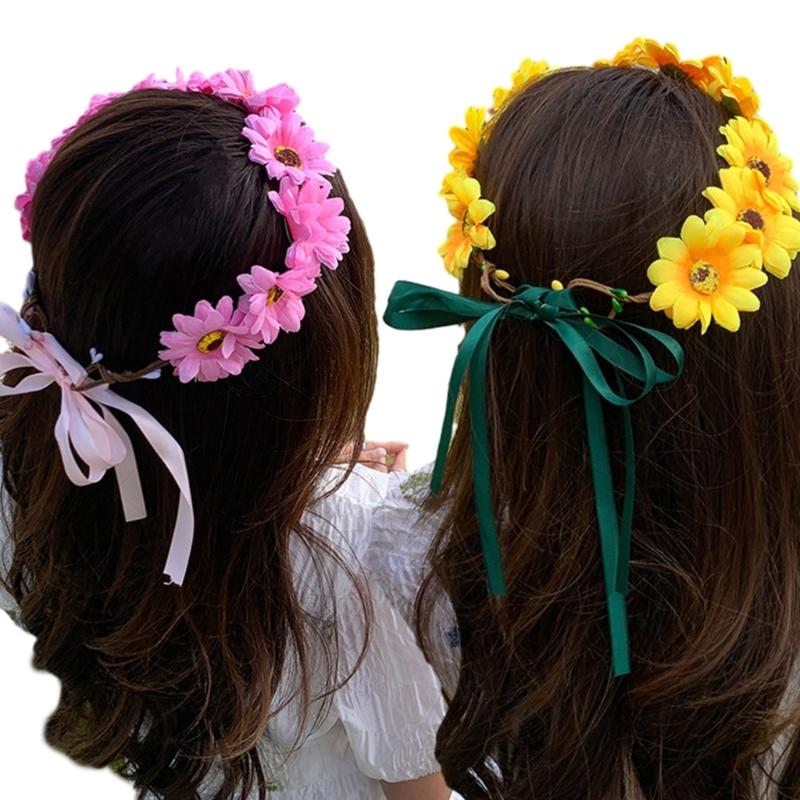 Realistic Sunflower Garland Headband Bohemian Crown Headpiece Tiaras Flower Hairband Women Wedding Party Accessories