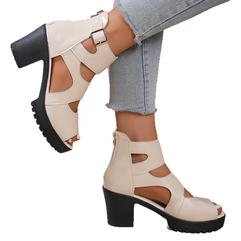 High Heeled Roman Sandals Women's Plus Size 2025 Summer New Thick Heel Cutout Heel Sandals