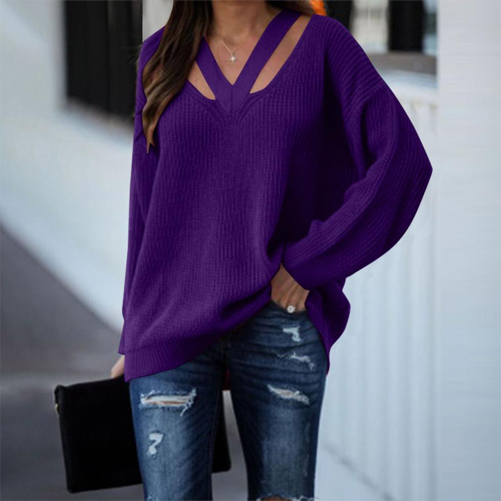 Женский модный свободный свитер с V-образным вырезом и длинным рукавом, однотонный повседневный свитер