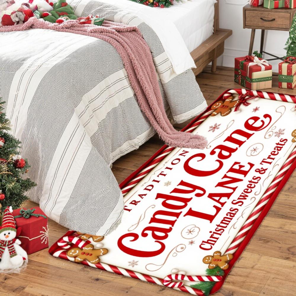 Christmas Kitchen Runner Set Non Slip Washable Candy Cane Gingerbread Text Floor Mats Xmas Holiday Rug for Rustic