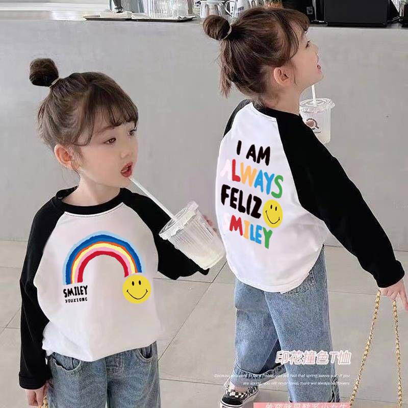 Girls Cotton Long Sleeve T Shirt Spring Autumn Korean Block Rainbow Letter Print Casual Base Layer Top