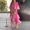 Women's Summer Chiffon Dress Printed Short Sleeve V Neck Flowy Maxi Dress Loose Layered Ruffle Lace-Up Long Dress